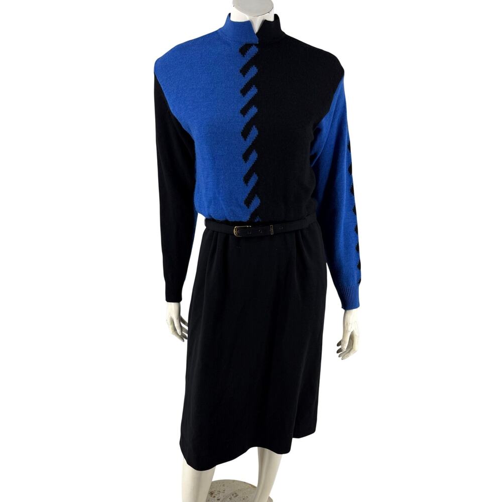 Ciao Ltd Sweater Dress Size 6 Blue Black Pure Wool Zig Zag Design Belted VTG 80s